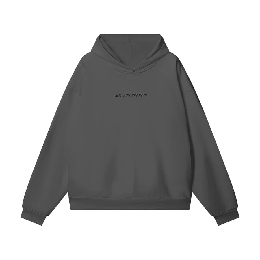 Charcoal arXiv hoodie with a small paper identifier on the chest